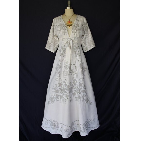 Rare custom Vintage Linen Crochet embroidered maxi dress gown caftan kimono - Picture 7 of 9